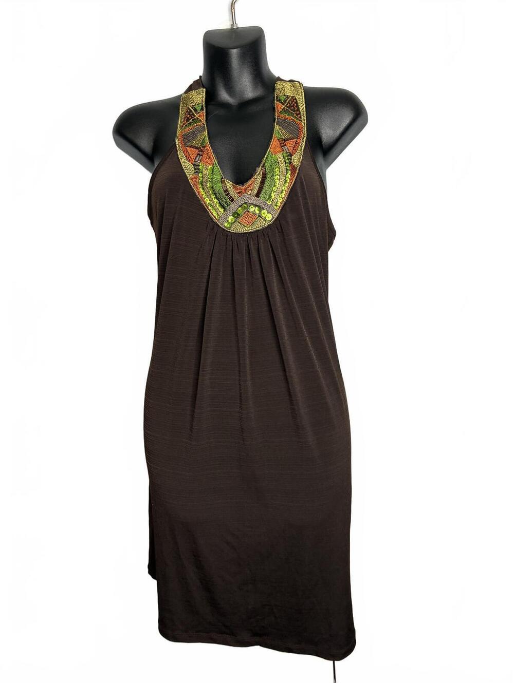 IZ Byer Brown Halter Dress with Beaded Neckline Size Large